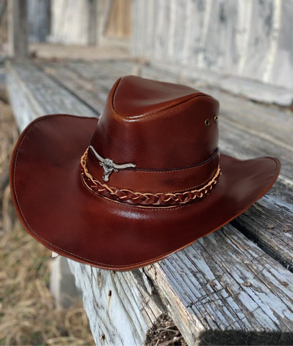 کلاه کابویی تمام چرم اصل مدل وسترن رنگ عسلی تیره